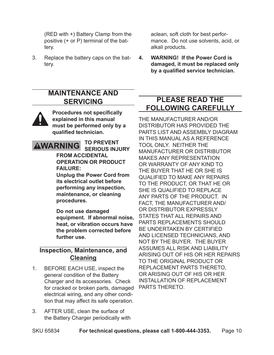 Maintenance and servicing, Please read the following carefully | Chicago Electric Battery Charger with LCD Display 65834 User Manual | Page 10 / 13