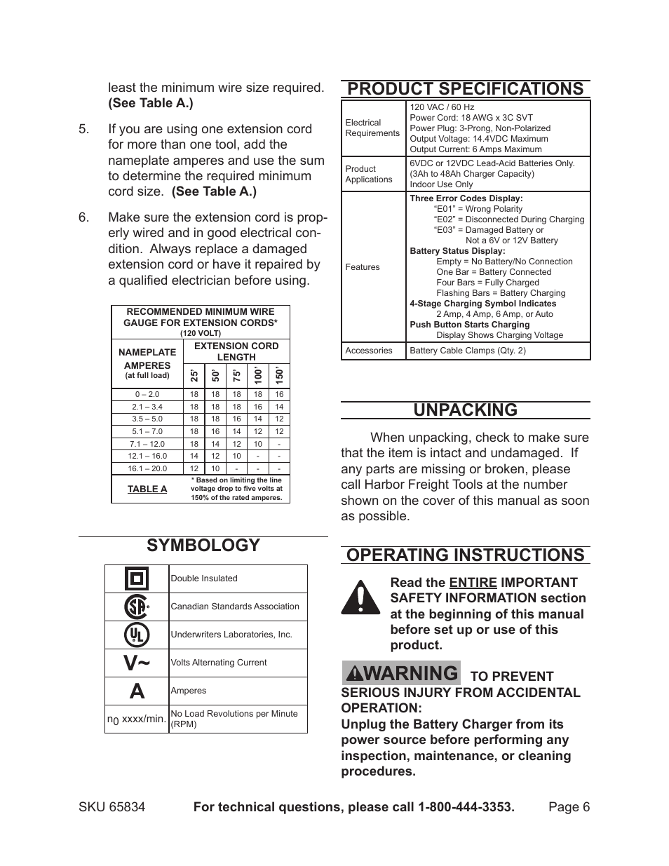 Product specifications, Unpacking, Operating instructions | Symbology | Chicago Electric Battery Charger with LCD Display 65834 User Manual | Page 6 / 13