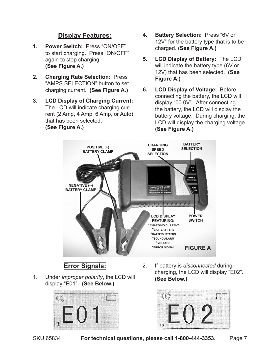 Display features, Error signals | Chicago Electric Battery Charger with LCD Display 65834 User Manual | Page 7 / 13