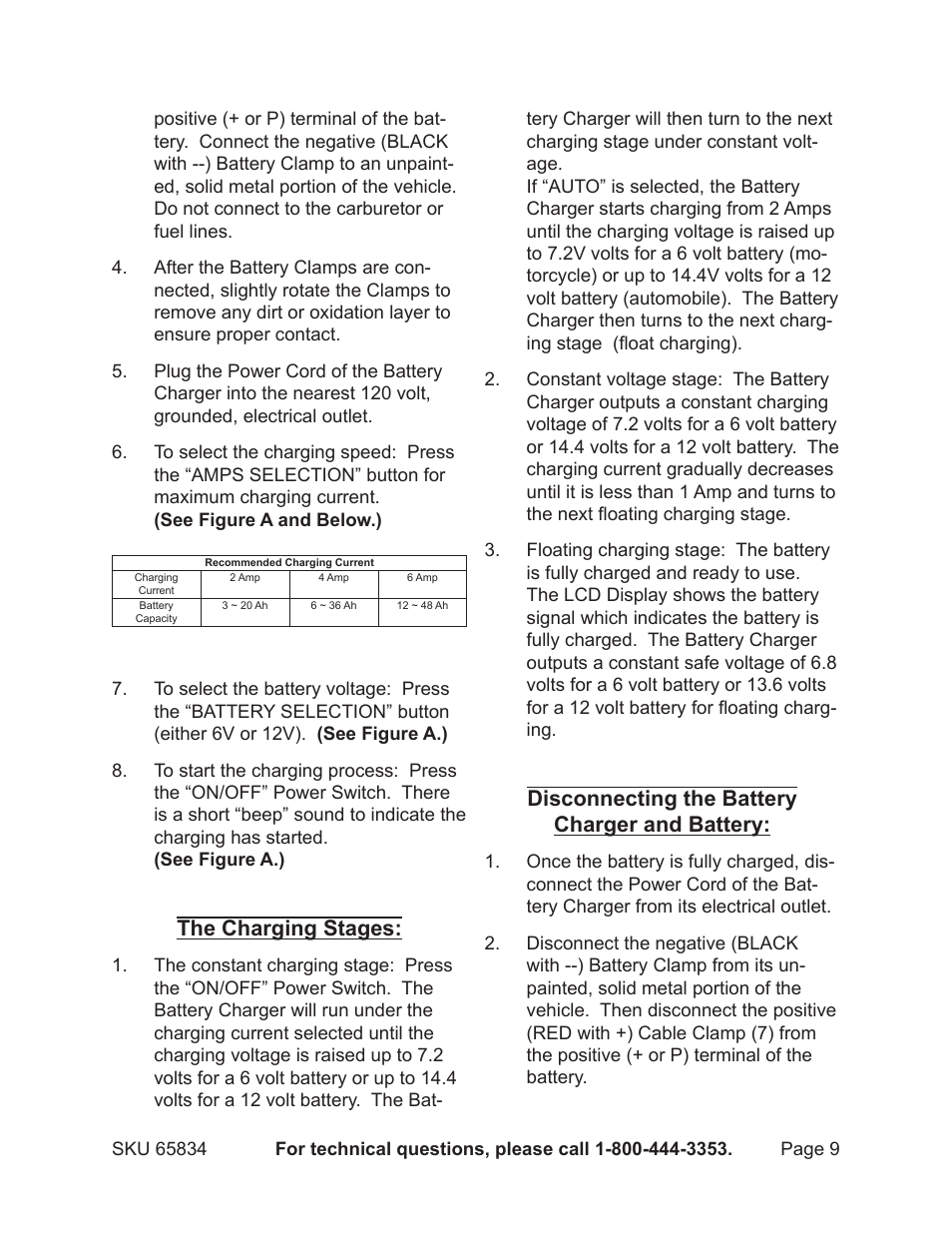 The charging stages, Disconnecting the battery charger and battery | Chicago Electric Battery Charger with LCD Display 65834 User Manual | Page 9 / 13