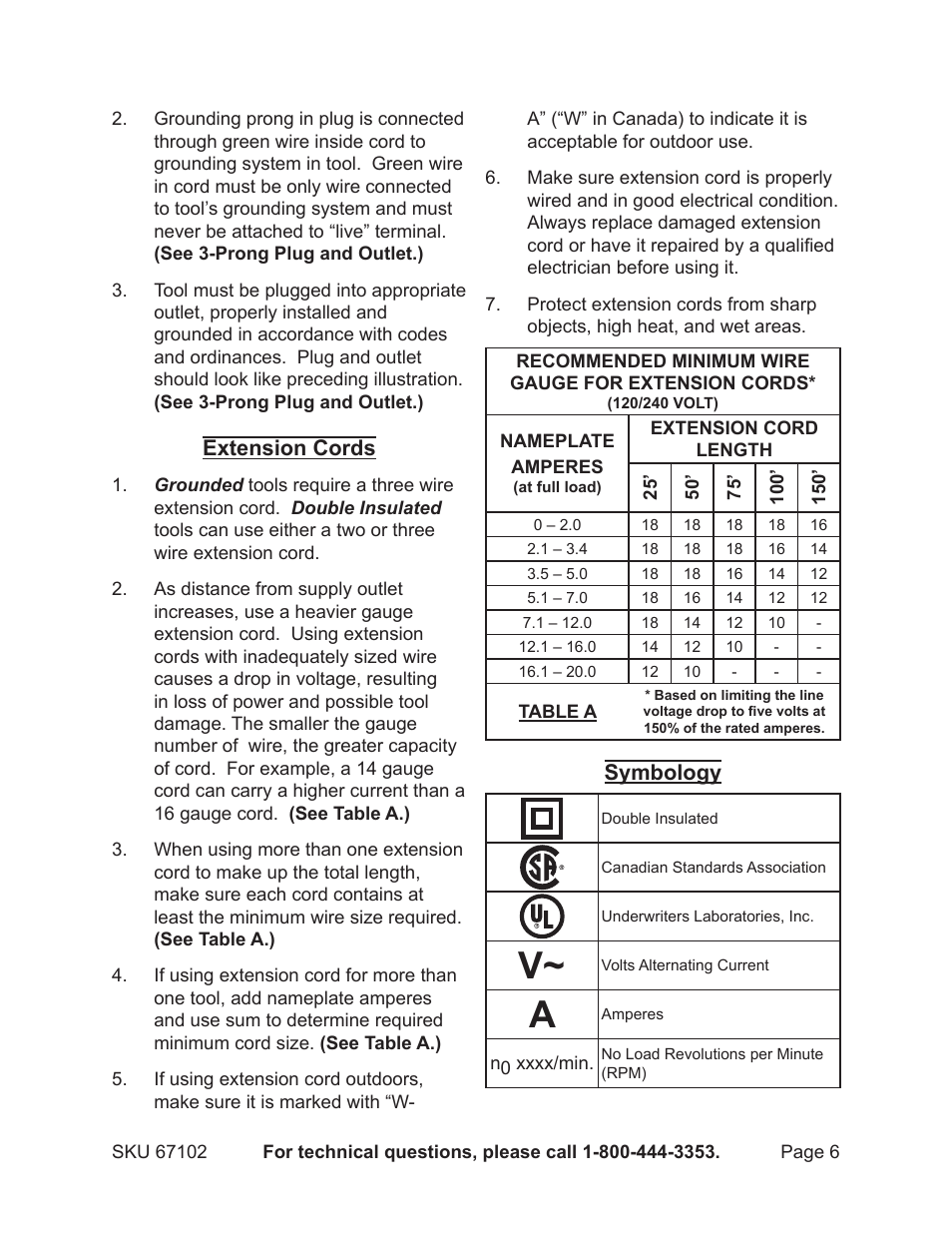 Extension cords, Symbology | Chicago Electric 80W Plastic Welding Kit with Iron 67102 User Manual | Page 6 / 10