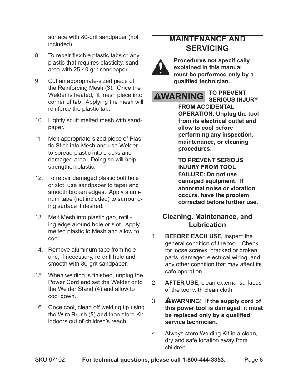 Maintenance and servicing | Chicago Electric 80W Plastic Welding Kit with Iron 67102 User Manual | Page 8 / 10