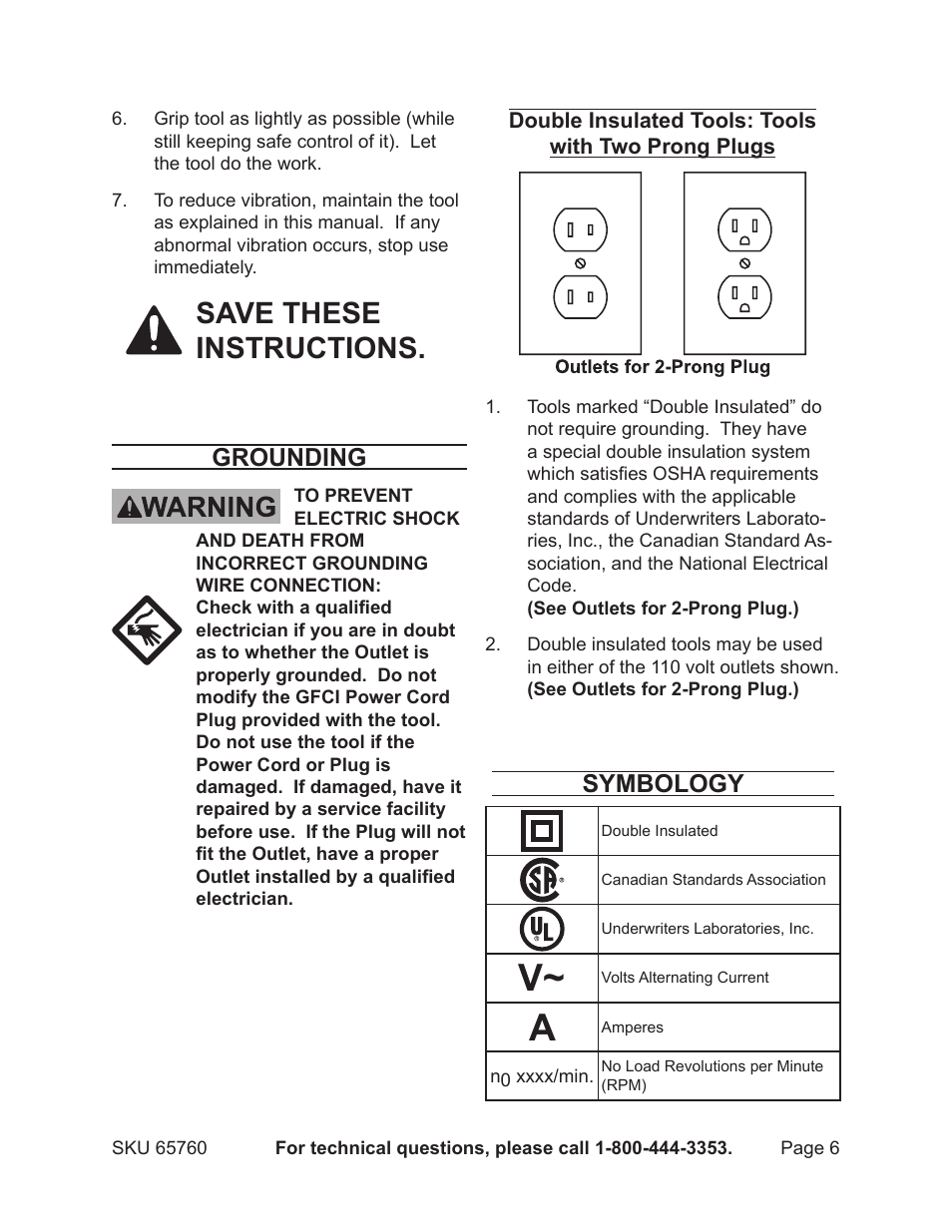 Save these instructions, Grounding, Symbology | Chicago Electric 65760 User Manual | Page 6 / 14