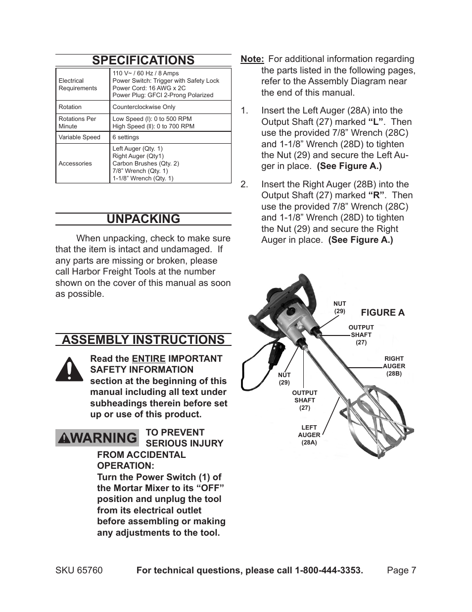 Specifications, Unpacking, Assembly instructions | Chicago Electric 65760 User Manual | Page 7 / 14