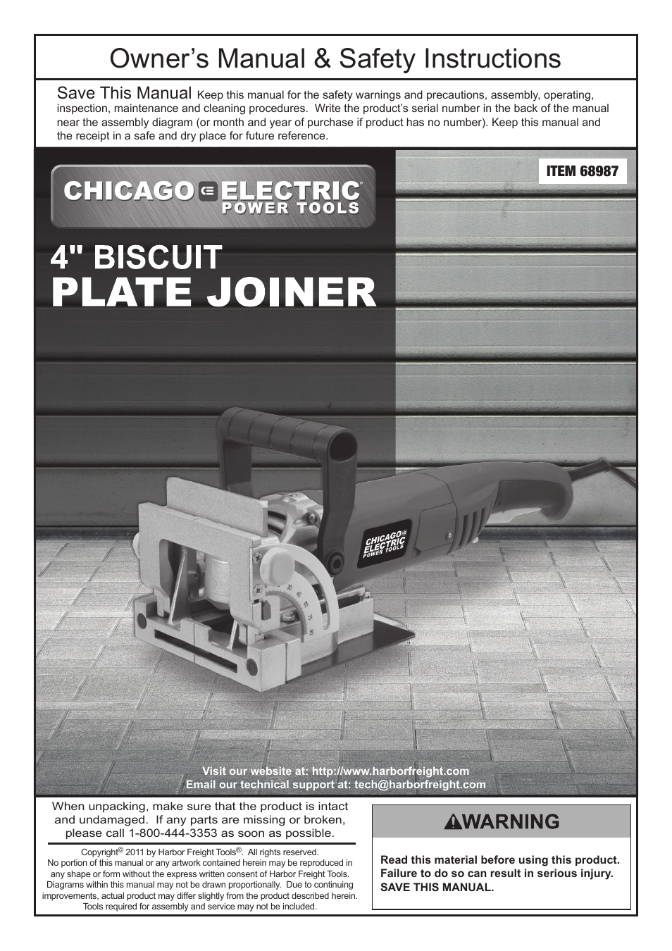 Chicago Electric 4" Biscut Plate Joiner 68987 User Manual | 20 pages