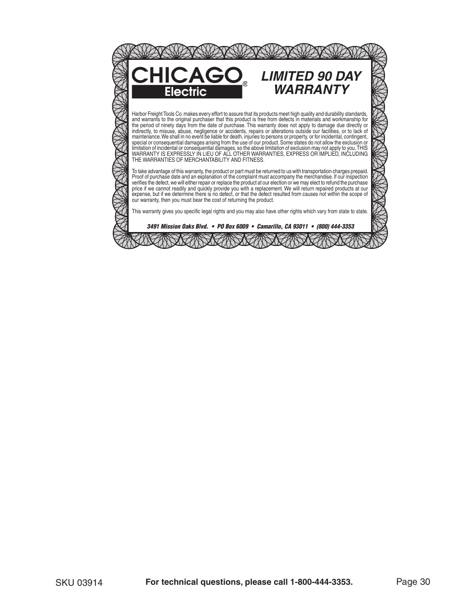 Limited 90 day warranty | Chicago Electric 3914 User Manual | Page 30 / 30