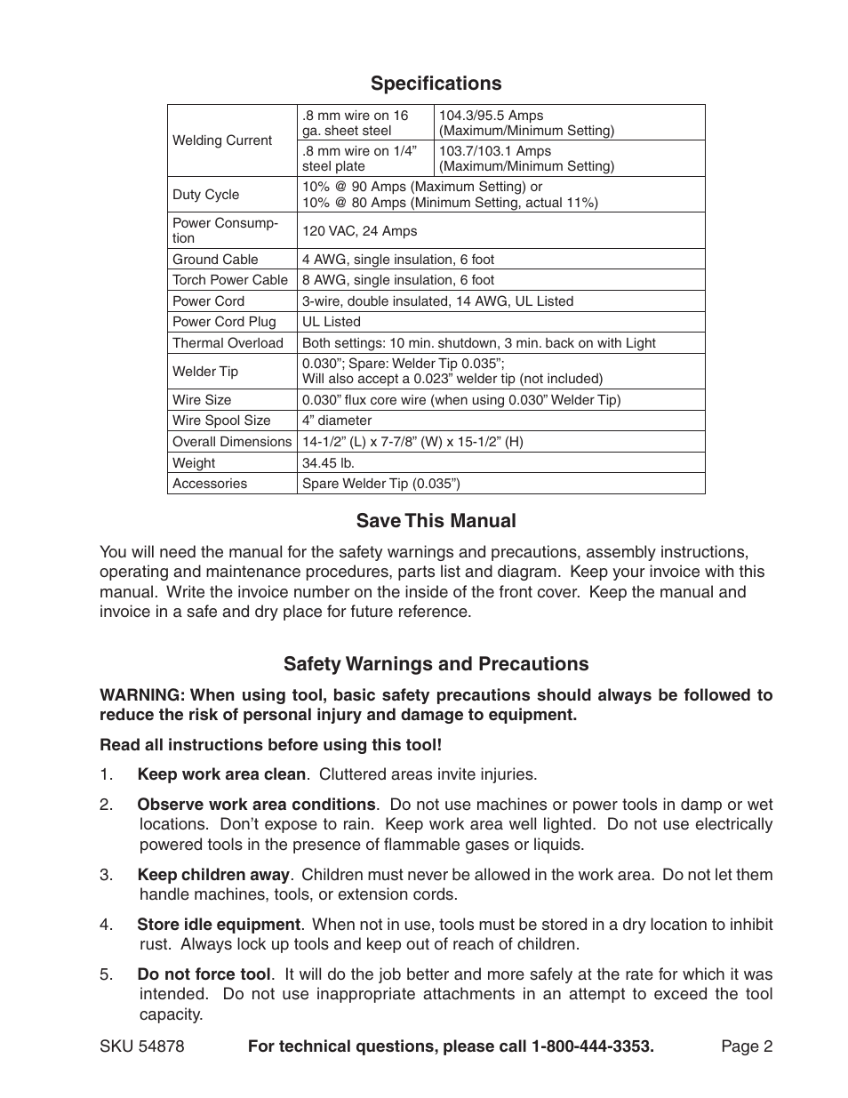 Specifications, Save this manual, Safety warnings and precautions | Chicago Electric MIG-100 Welder 54878 User Manual | Page 2 / 14