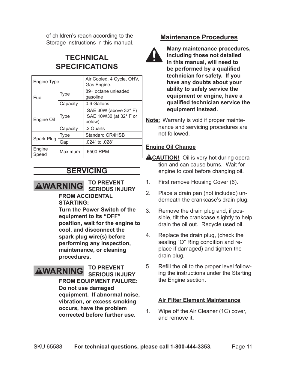 Technical specifications, Servicing, Maintenance procedures | Chicago Electric 65588 User Manual | Page 11 / 23