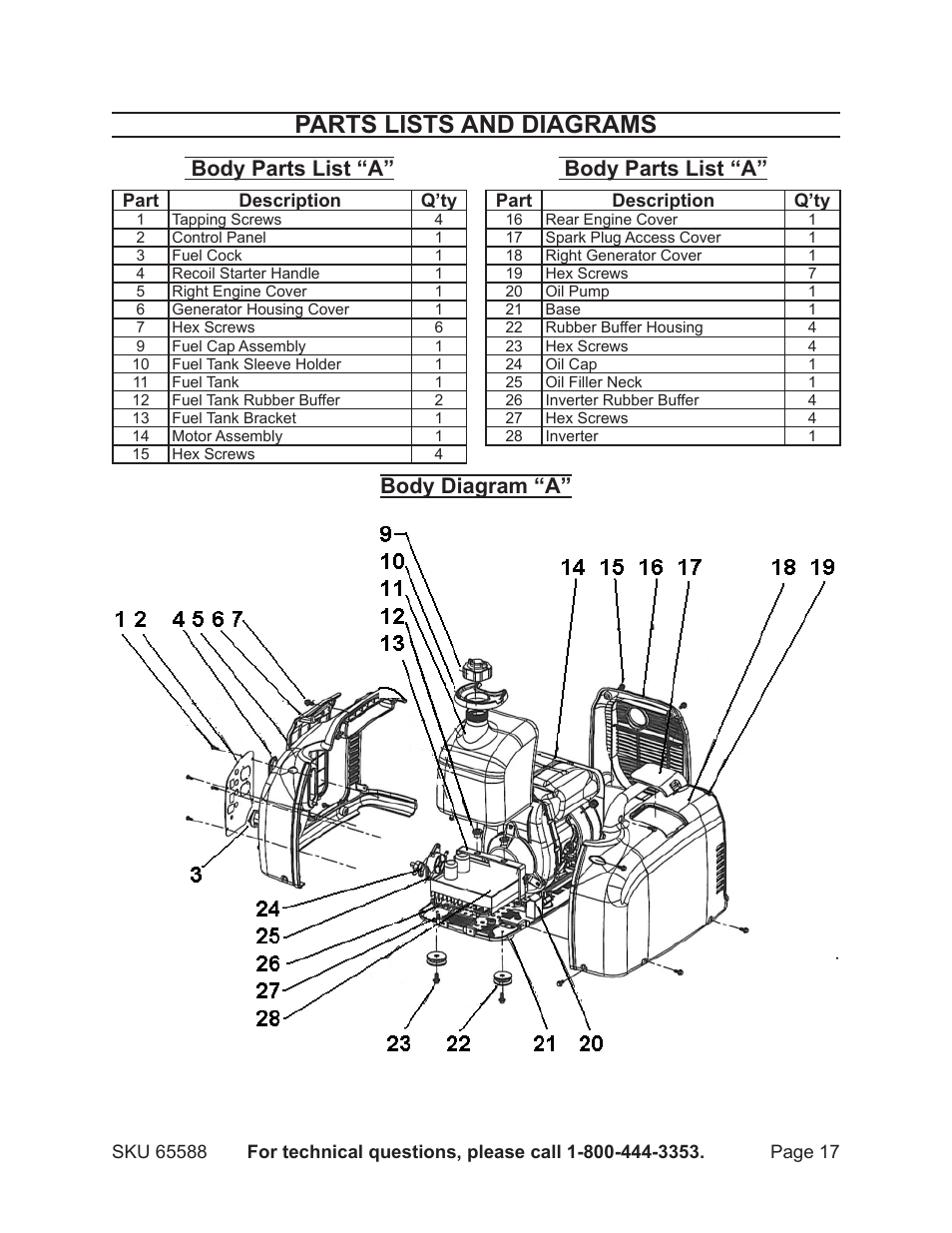 Parts lists and diagrams, Body parts list “a, Body diagram “a | Chicago Electric 65588 User Manual | Page 17 / 23