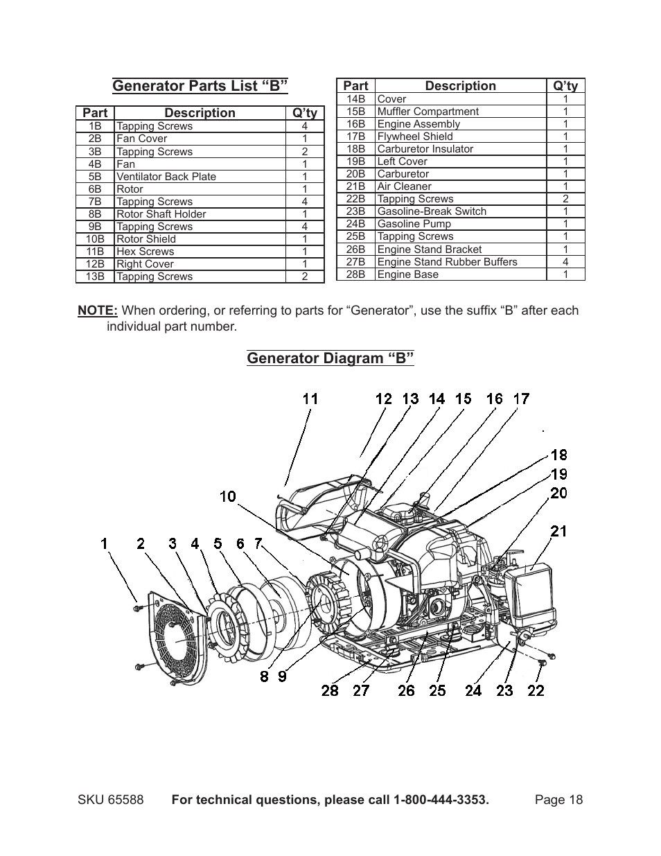 Generator parts list “b, Generator diagram “b | Chicago Electric 65588 User Manual | Page 18 / 23