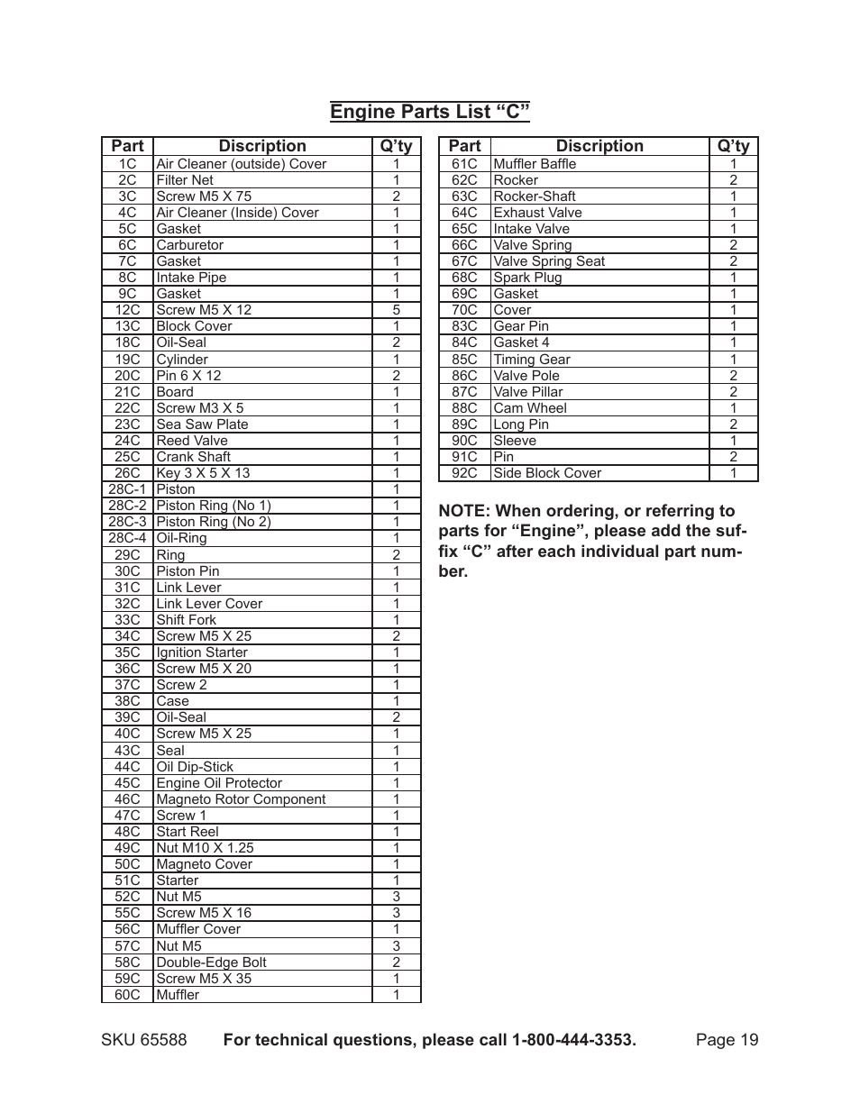 Engine parts list “c | Chicago Electric 65588 User Manual | Page 19 / 23