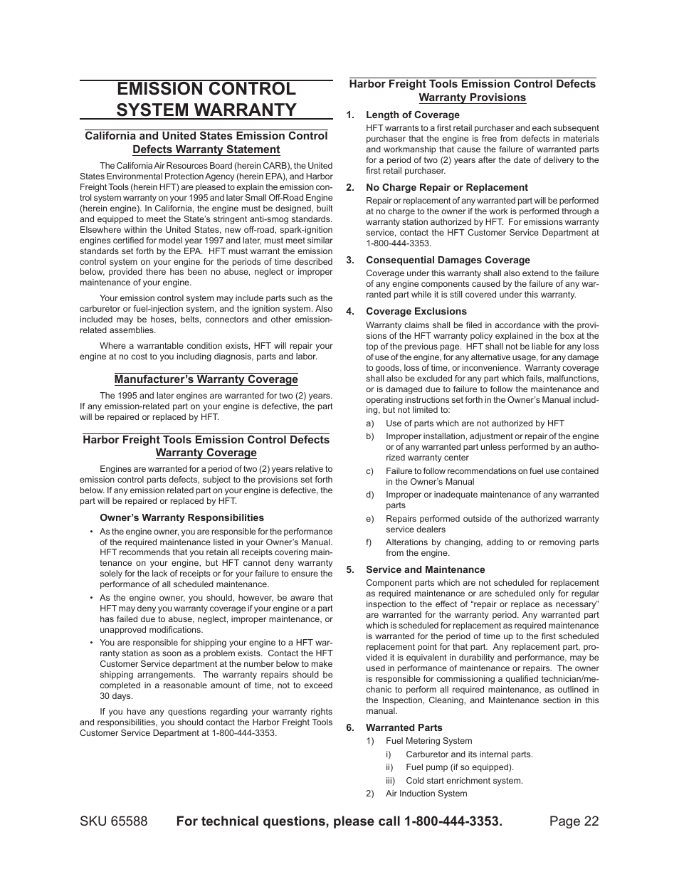 Emission control system warranty | Chicago Electric 65588 User Manual | Page 22 / 23