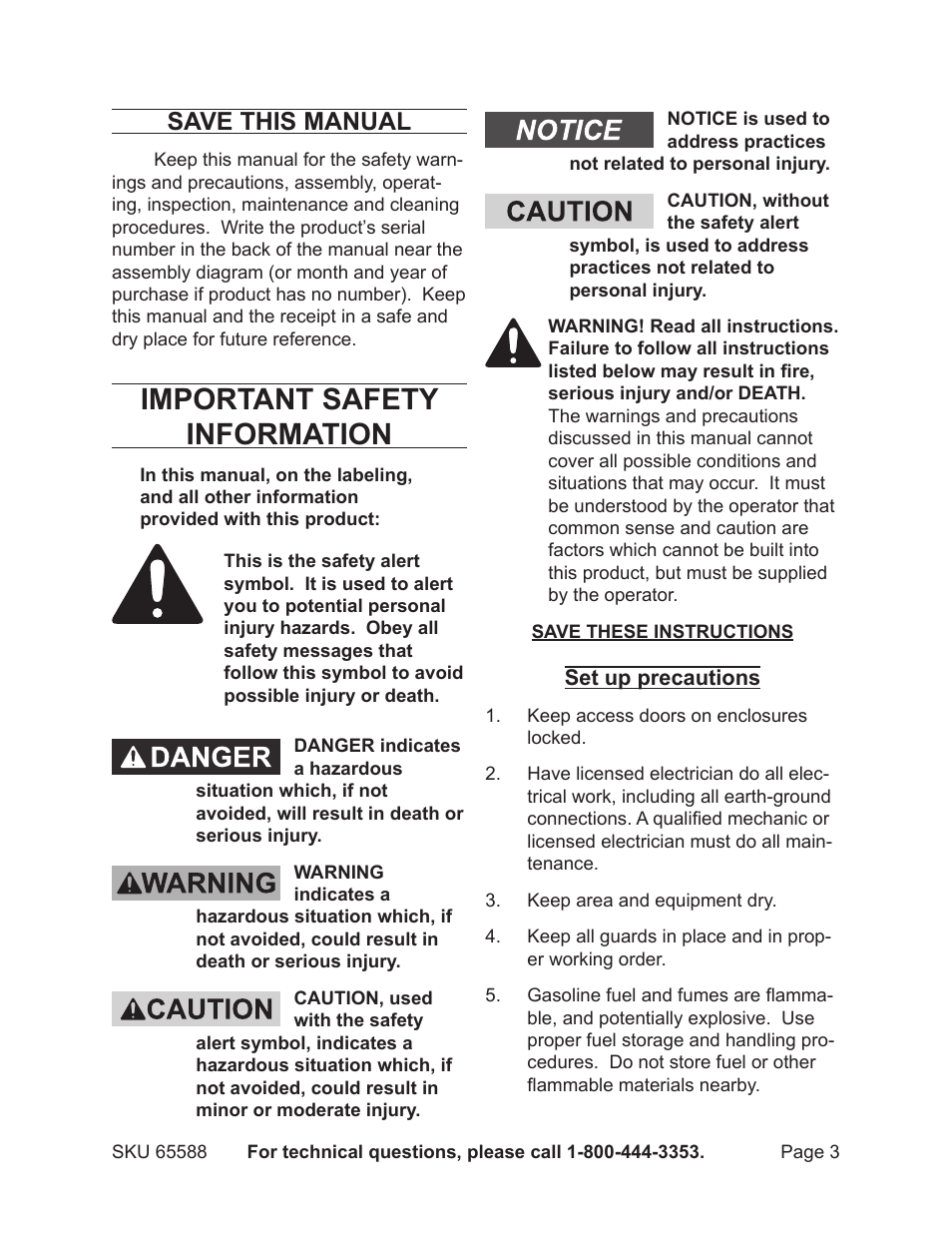 Important safety information, Save this manual | Chicago Electric 65588 User Manual | Page 3 / 23