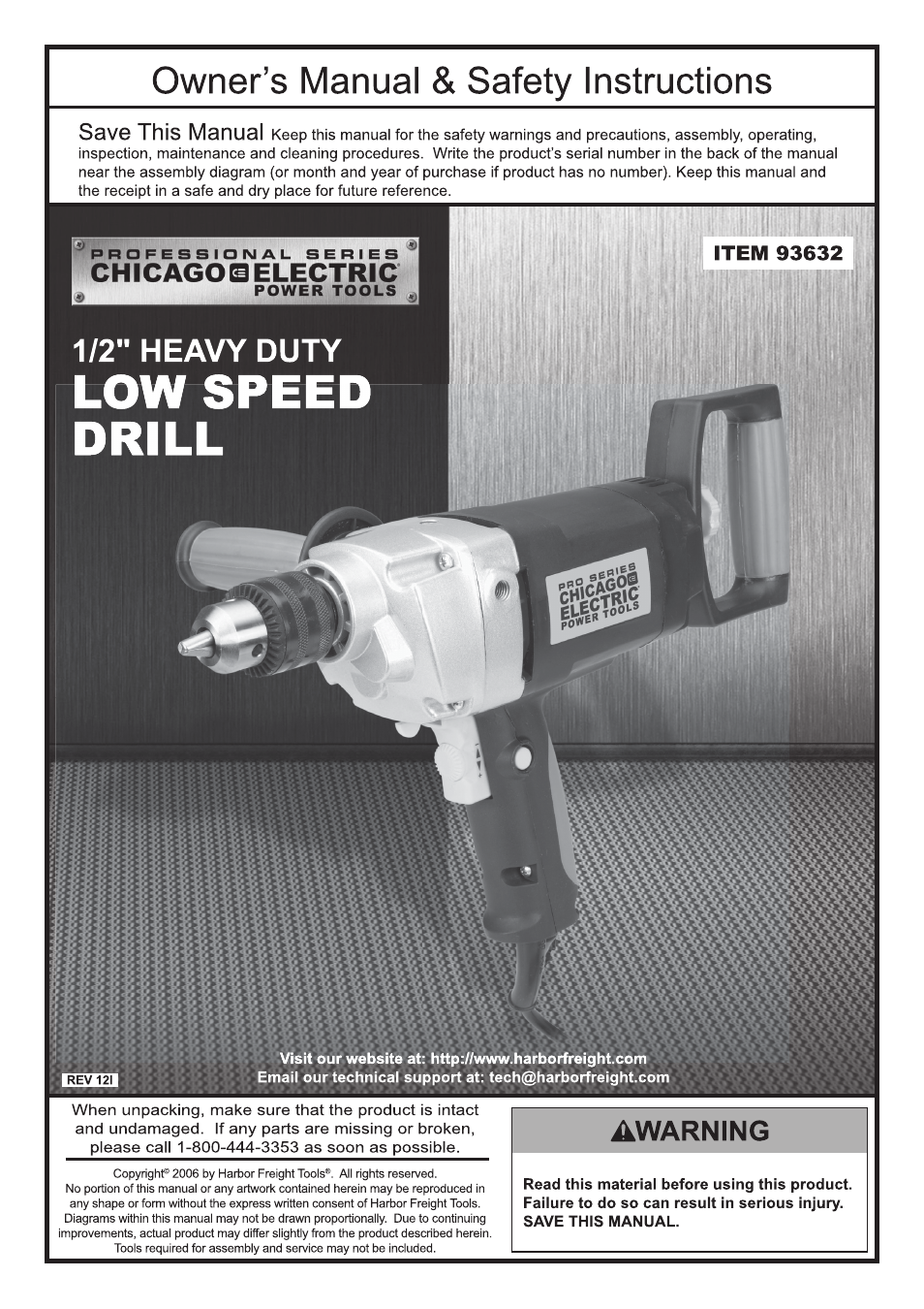 Chicago Electric 1/2 Heavy-duty Low Speed VSR Drill 93632 User Manual | 16 pages