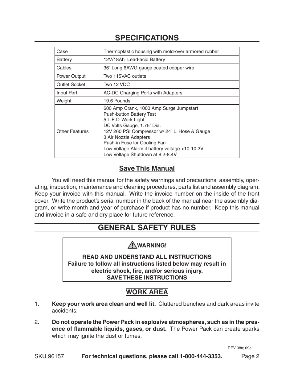 Specifications, General safety rules, Save this manual | Work area | Chicago Electric 96157 User Manual | Page 2 / 10