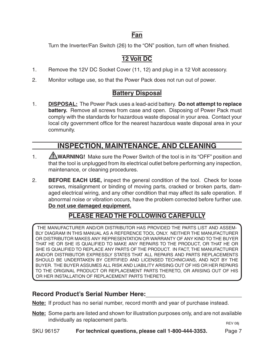 Inspection, maintenance, and cleaning | Chicago Electric 96157 User Manual | Page 7 / 10