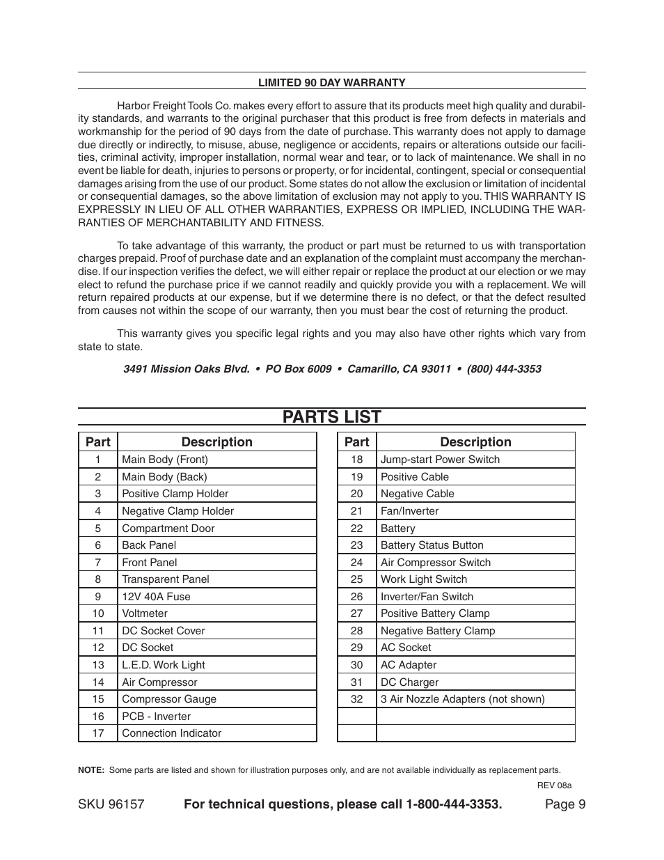 Parts list | Chicago Electric 96157 User Manual | Page 9 / 10