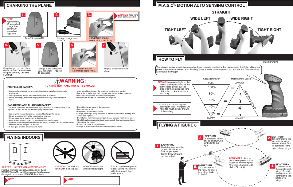 Warning, Charging the plane, Flying indoors | Flying a figure 8, M.a.s.c - motion auto sensing control, How to fly | Estes 4173 - Firebug User Manual | Page 2 / 2