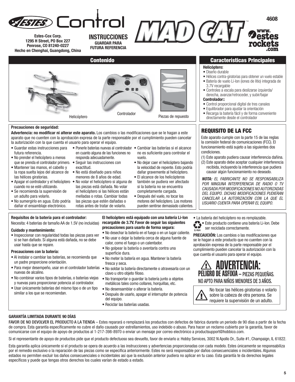 Advertencia, Peligro de asfixia, Instrucciones | Estes 4601 - Mad Cat User Manual | Page 5 / 12