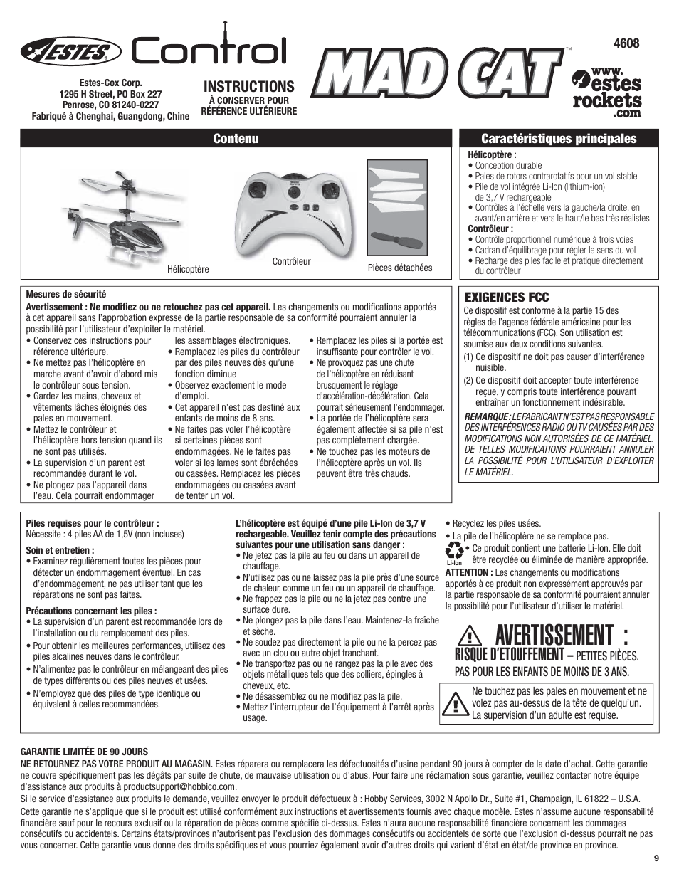 Avertissement, Risque d’etouffement, Instructions | Estes 4601 - Mad Cat User Manual | Page 9 / 12