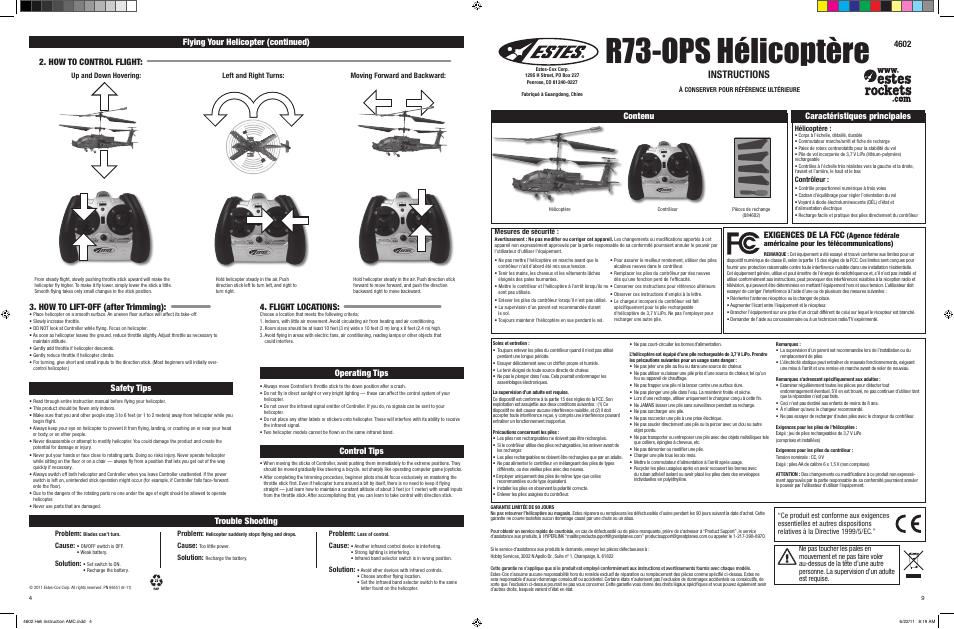 R73-ops hélicoptère, Instructions, Safety tips | Operating tips, Control tips, Safety tips trouble shooting, Contenu, Caractéristiques principales, Exigences de la fcc, Problem | Estes 4602 - R73-OPS User Manual | Page 4 / 6
