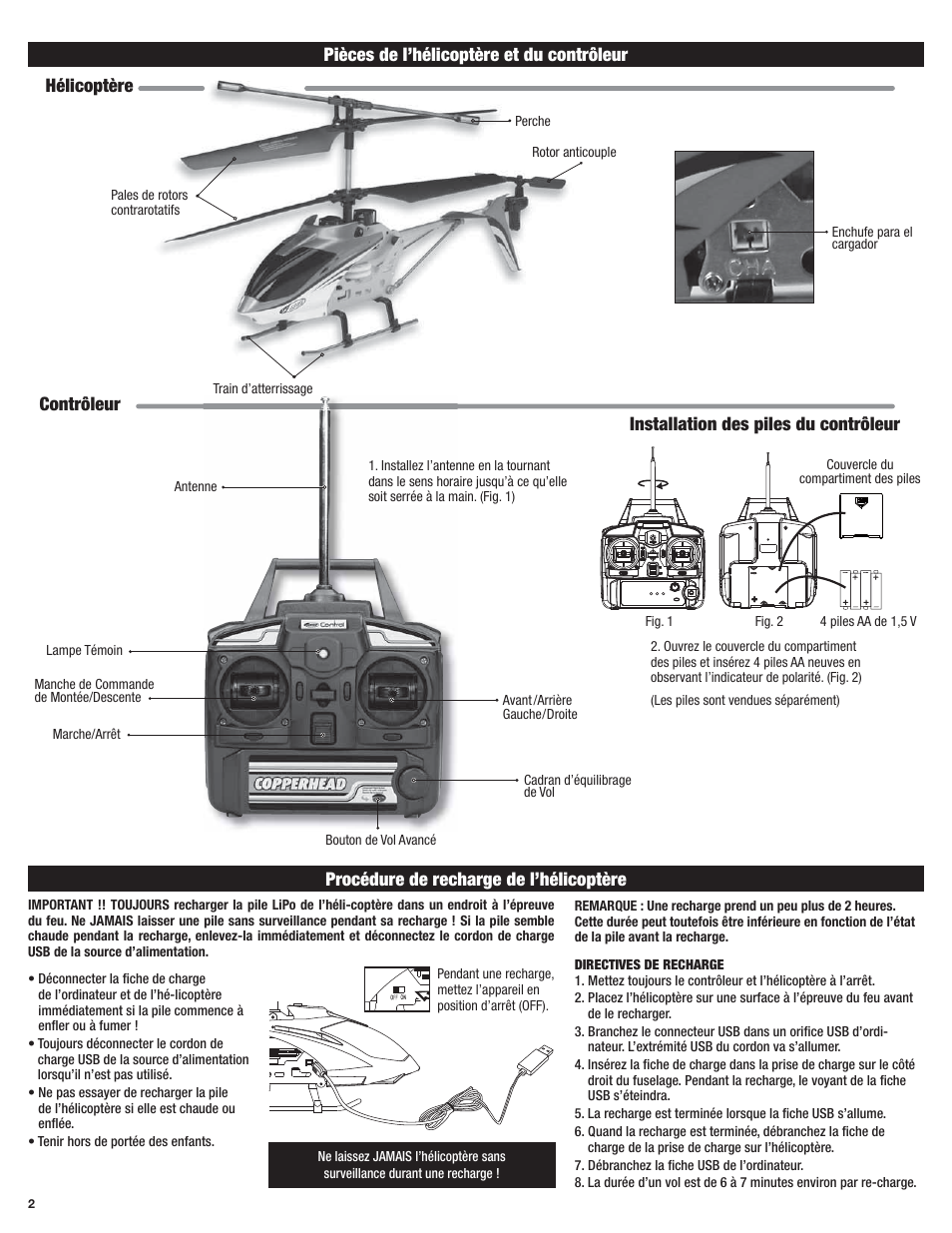 Pièces de l’hélicoptère et du contrôleur, Procédure de recharge de l’hélicoptère | Estes 4603 - Copperhead User Manual | Page 10 / 12