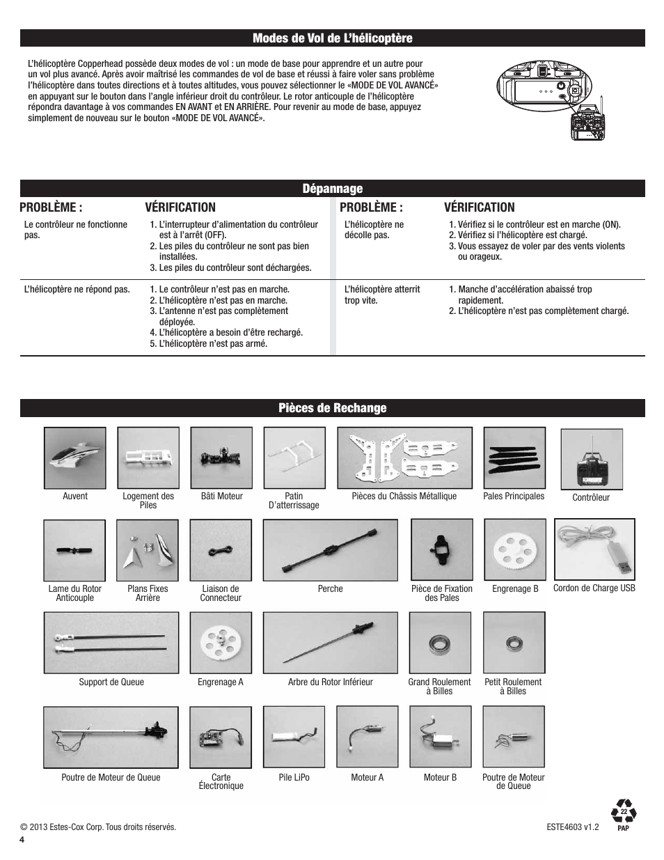 Modes de vol de l’hélicoptère, Safety tips dépannage problème, Problème | Vérification, Safety tips pièces de rechange | Estes 4603 - Copperhead User Manual | Page 12 / 12