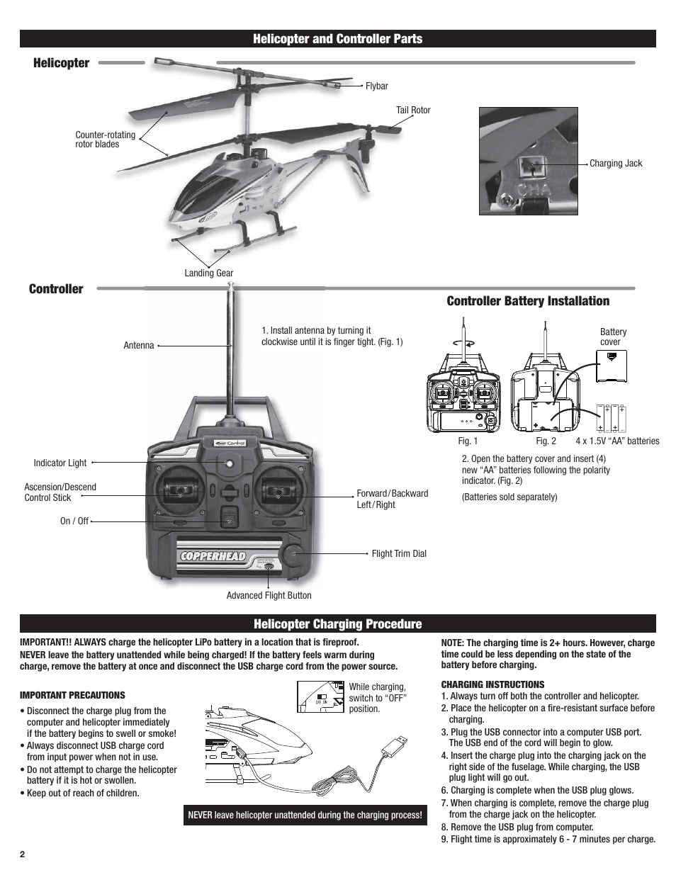 Helicopter and controller parts, Helicopter charging procedure | Estes 4603 - Copperhead User Manual | Page 2 / 12