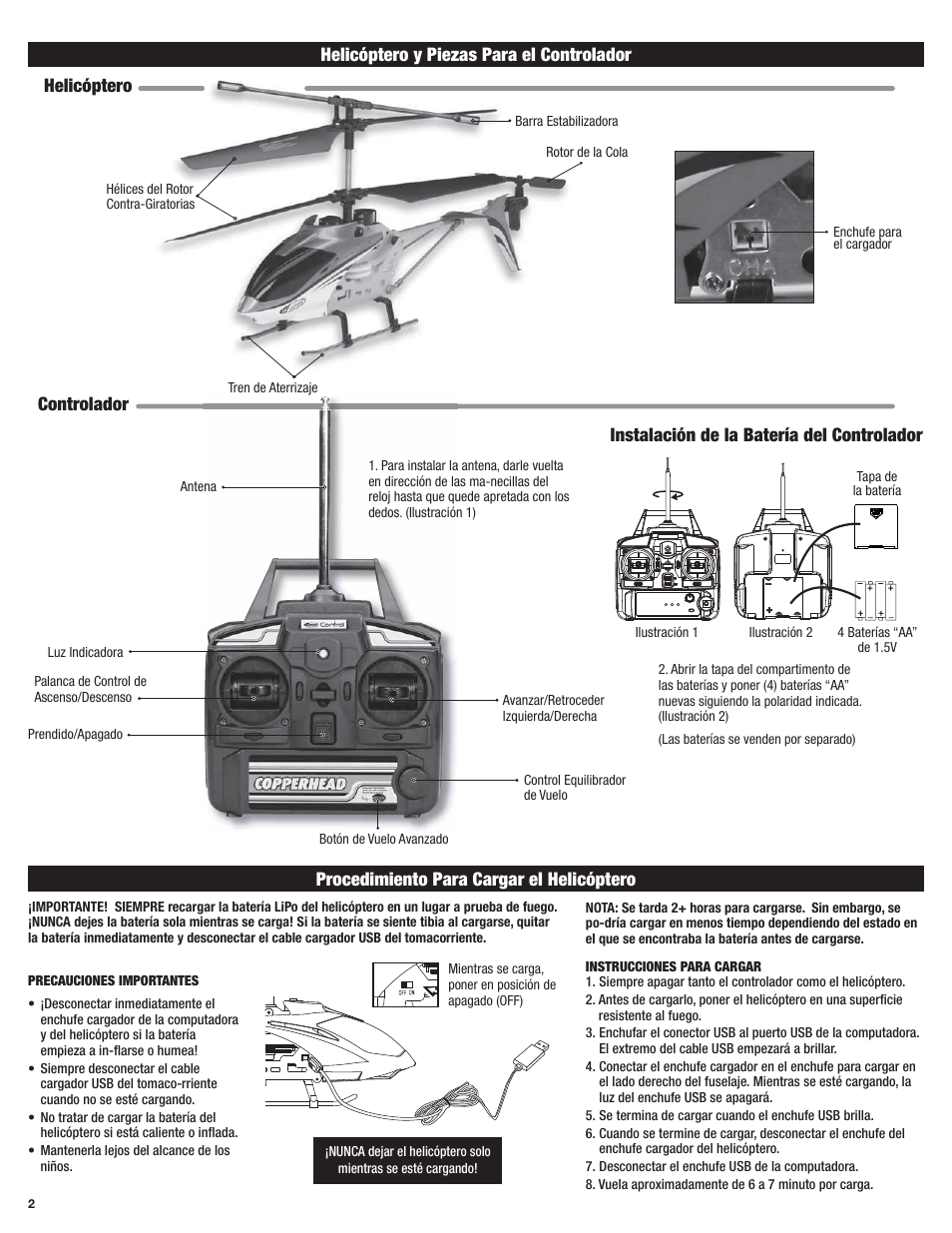 Procedimiento para cargar el helicóptero, Instalación de la batería del controlador | Estes 4603 - Copperhead User Manual | Page 6 / 12