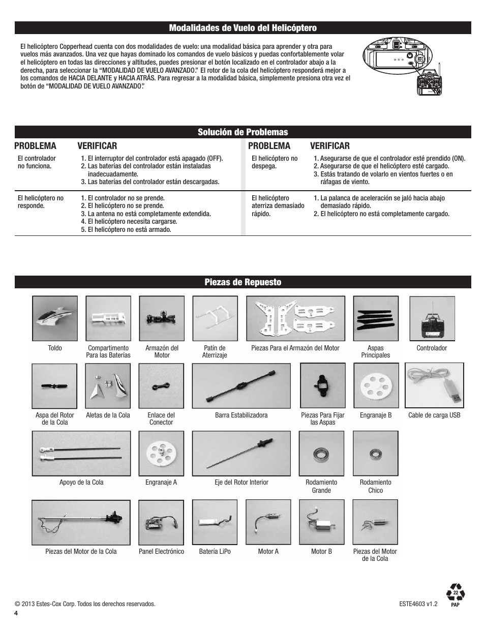 Modalidades de vuelo del helicóptero, Safety tips solución de problemas problema, Problema | Verificar, Safety tips piezas de repuesto | Estes 4603 - Copperhead User Manual | Page 8 / 12