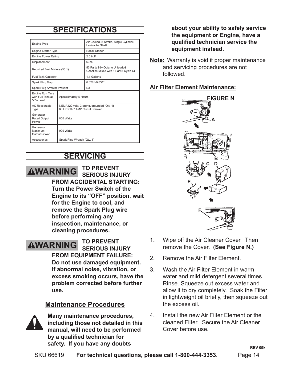 Specifications, Servicing, Maintenance procedures | Chicago Electric 66619 User Manual | Page 14 / 25