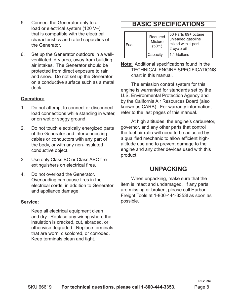 Basic specifications, Unpacking | Chicago Electric 66619 User Manual | Page 8 / 25