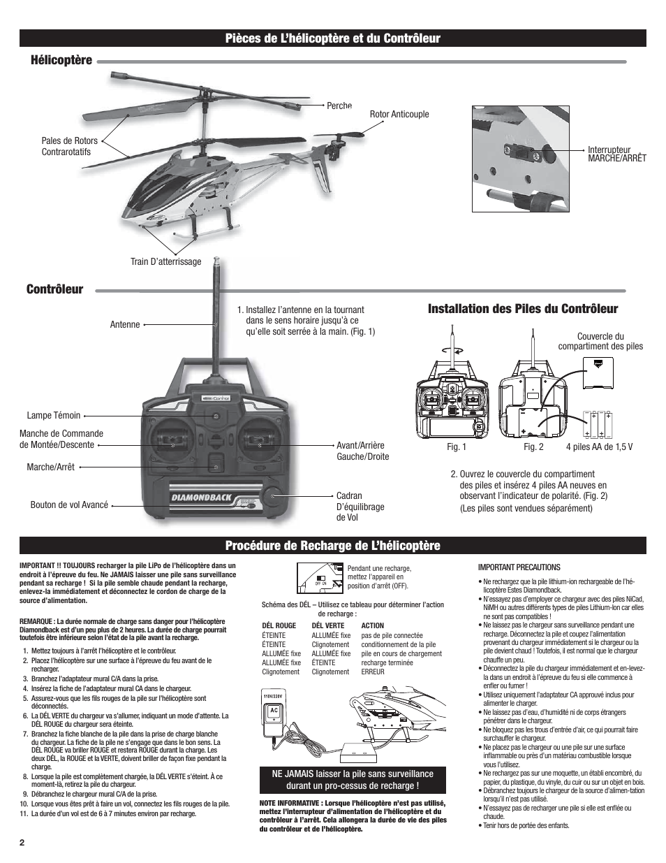 Pièces de l’hélicoptère et du contrôleur, Procédure de recharge de l’hélicoptère | Estes 4604 - Diamondback User Manual | Page 10 / 12