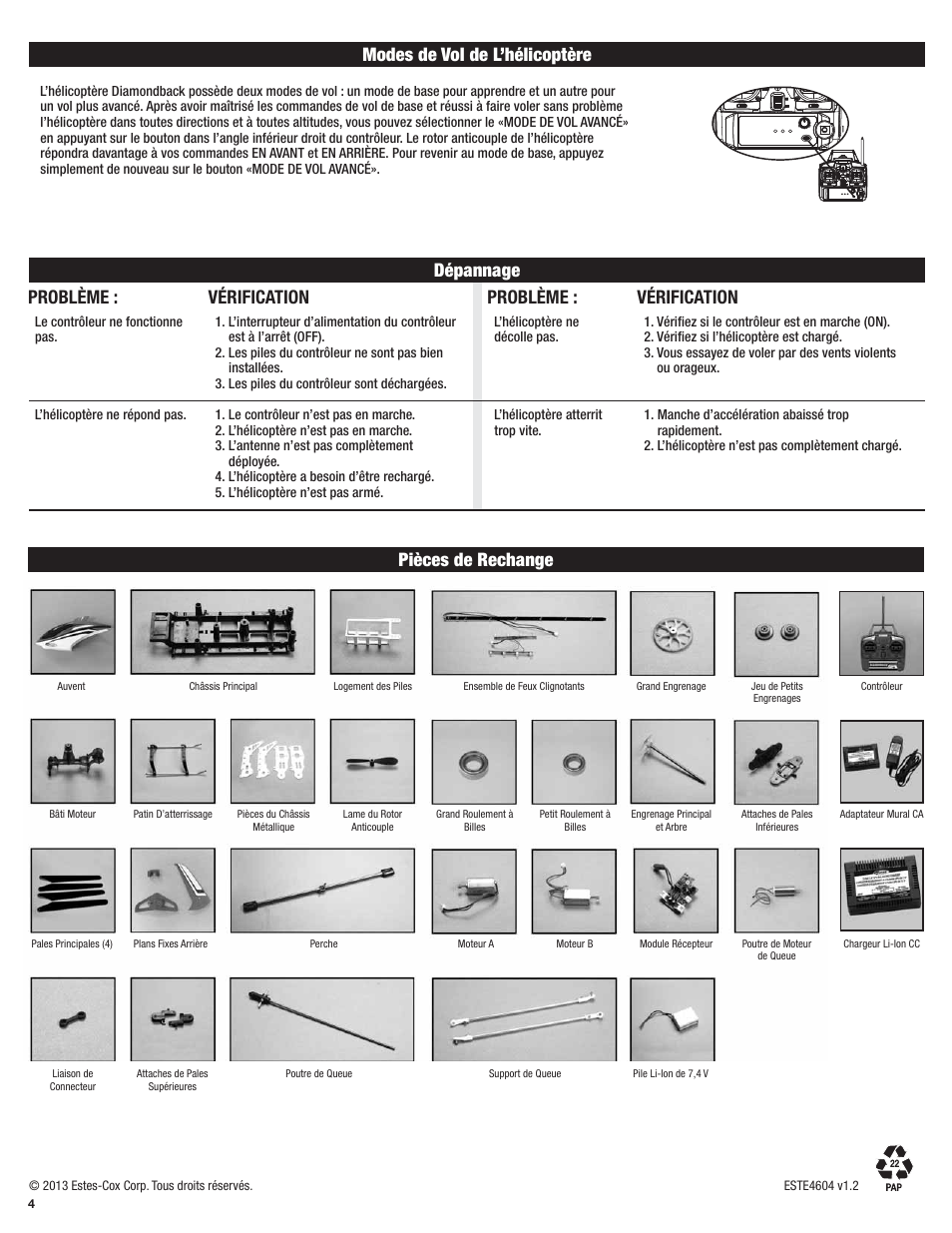 Safety tips pièces de rechange, Modes de vol de l’hélicoptère, Safety tips dépannage problème | Problème, Vérification | Estes 4604 - Diamondback User Manual | Page 12 / 12