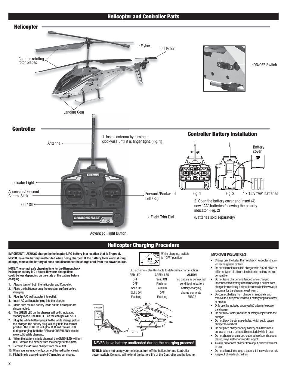 Helicopter and controller parts, Helicopter charging procedure | Estes 4604 - Diamondback User Manual | Page 2 / 12