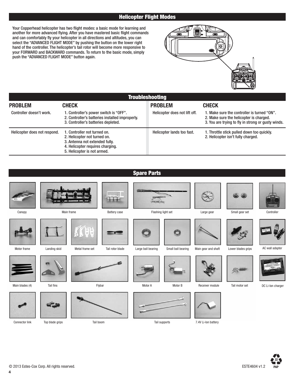 Helicopter flight modes, Safety tips troubleshooting problem, Problem | Check, Safety tips spare parts | Estes 4604 - Diamondback User Manual | Page 4 / 12