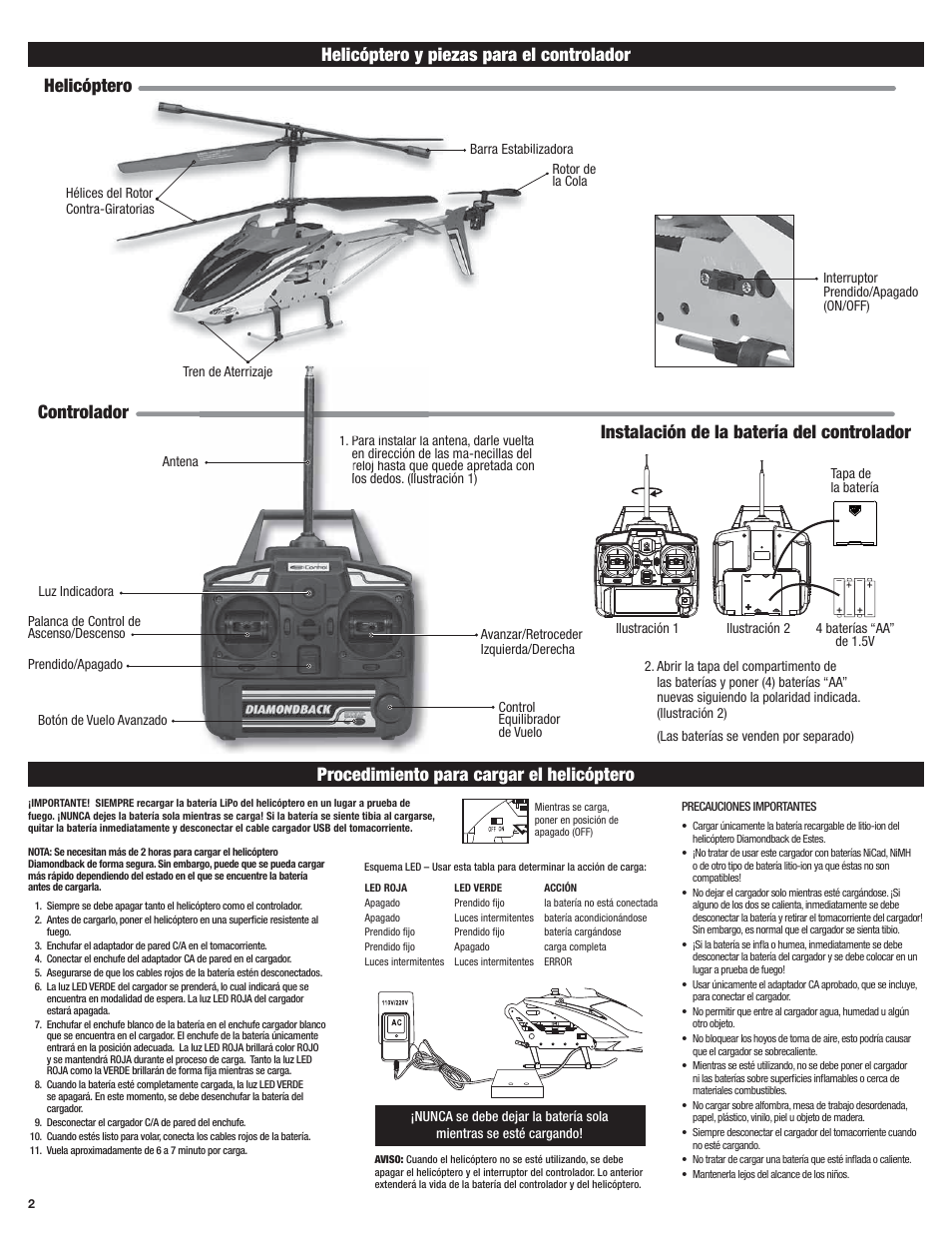 Helicóptero y piezas para el controlador, Procedimiento para cargar el helicóptero | Estes 4604 - Diamondback User Manual | Page 6 / 12