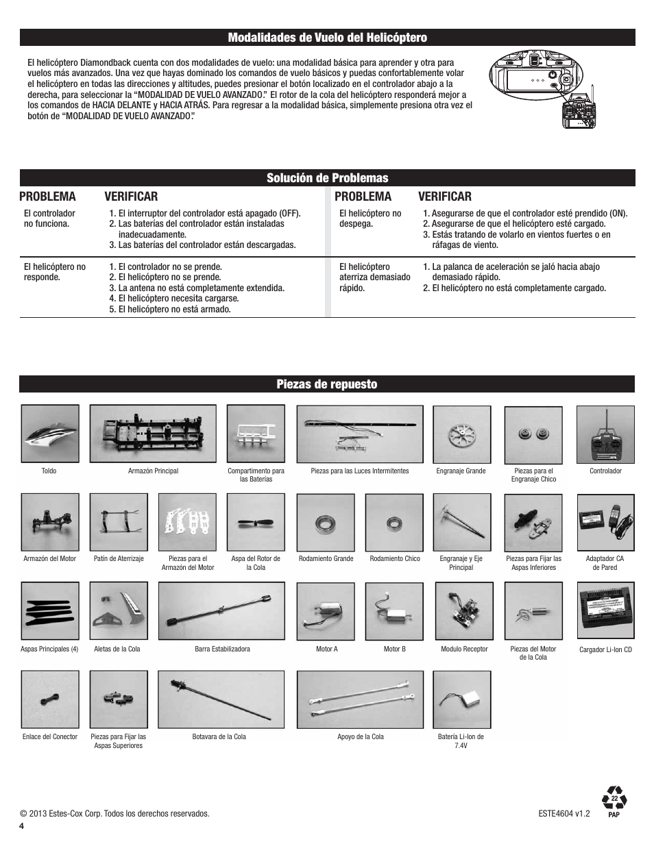 Safety tips piezas de repuesto, Modalidades de vuelo del helicóptero, Safety tips solución de problemas problema | Problema, Verificar | Estes 4604 - Diamondback User Manual | Page 8 / 12