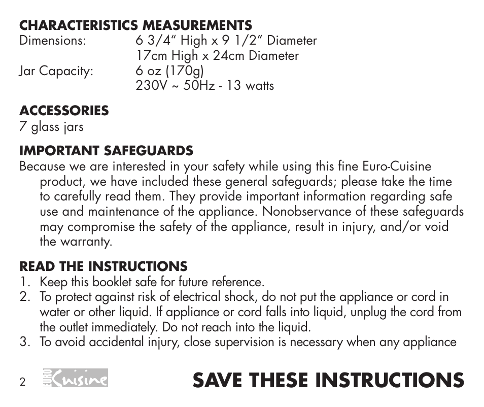 Save these instructions | Euro Cuisine YMX750 User Manual | Page 2 / 52