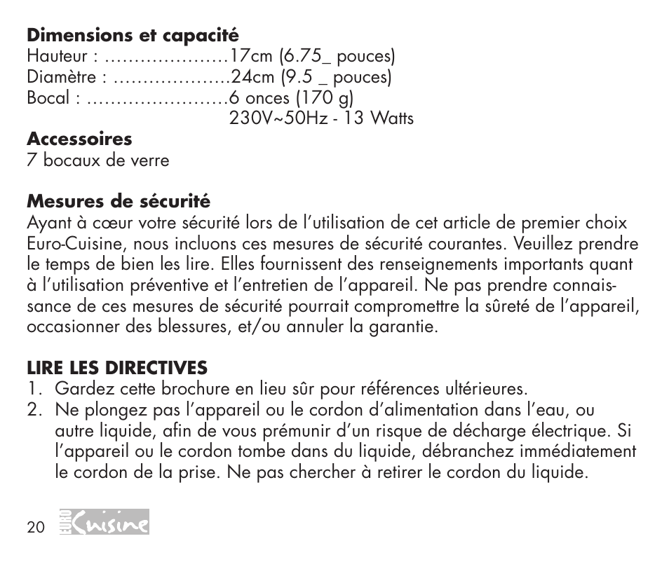 Euro Cuisine YMX750 User Manual | Page 20 / 52