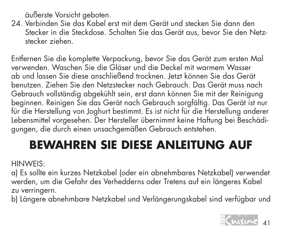 Bewahren sie diese anleitung auf | Euro Cuisine YMX750 User Manual | Page 41 / 52