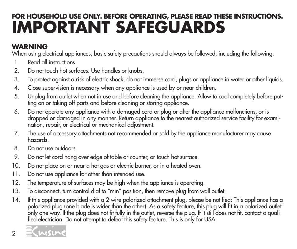 Important safeguards | Euro Cuisine WM520 User Manual | Page 2 / 8