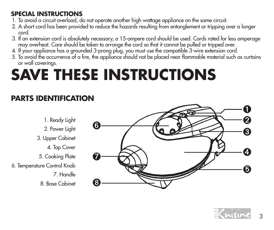 Save these instructions, Parts identification | Euro Cuisine WM520 User Manual | Page 3 / 8