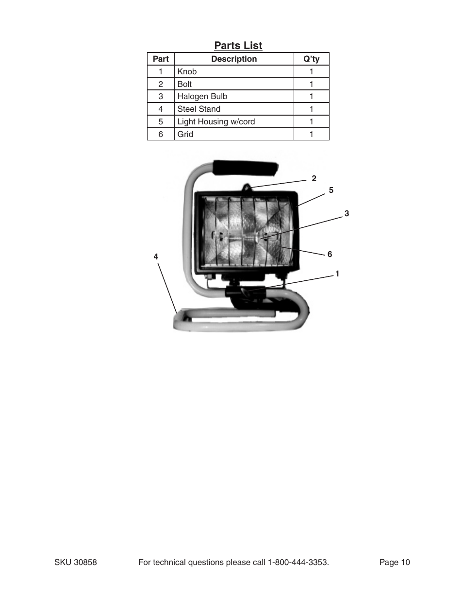 Parts list | Chicago Electric 30858 User Manual | Page 10 / 10