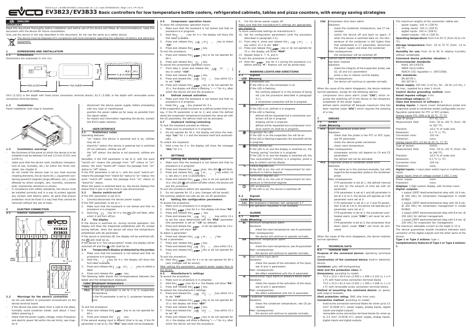 EVCO EV3B33N7 User Manual | 2 pages