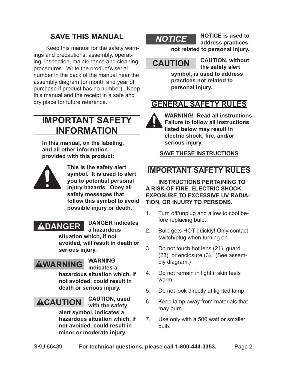 Important safety information, Danger warning caution notice caution, Save this manual | General safety rules, Important safety rules | Chicago Electric 500 watt twin halogen tripod light 66439 User Manual | Page 2 / 12