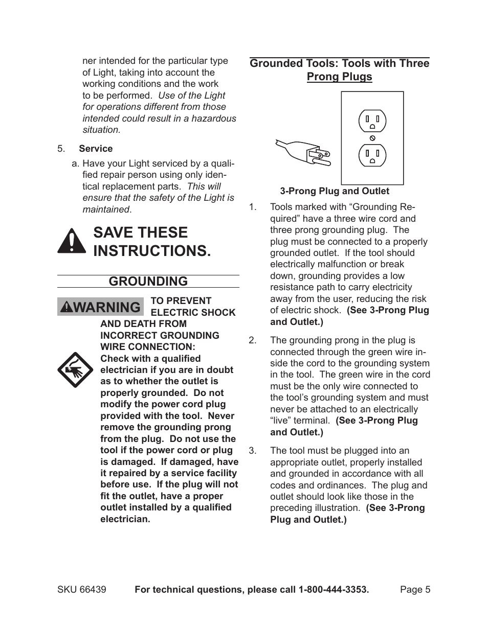 Save these instructions, Warning, Grounding | Chicago Electric 500 watt twin halogen tripod light 66439 User Manual | Page 5 / 12