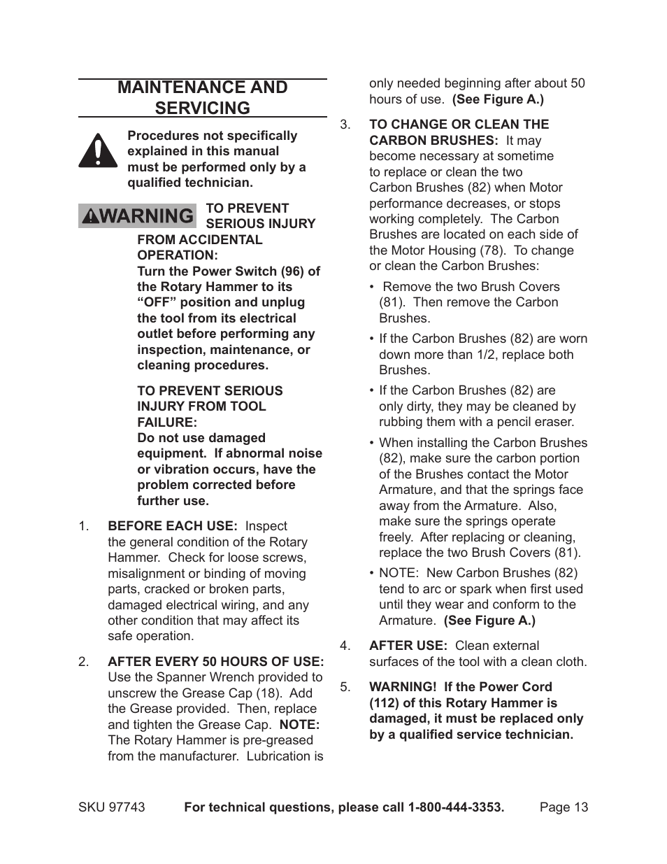 Maintenance and servicing | Chicago Electric Rotary Hammer 97743 User Manual | Page 13 / 18