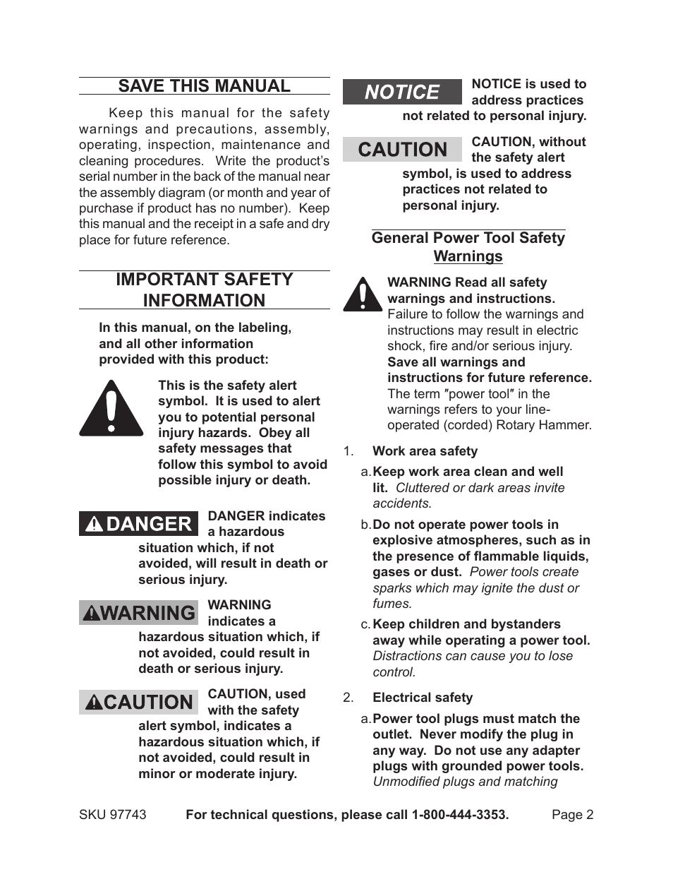 Save this manual, Important safety information | Chicago Electric Rotary Hammer 97743 User Manual | Page 2 / 18