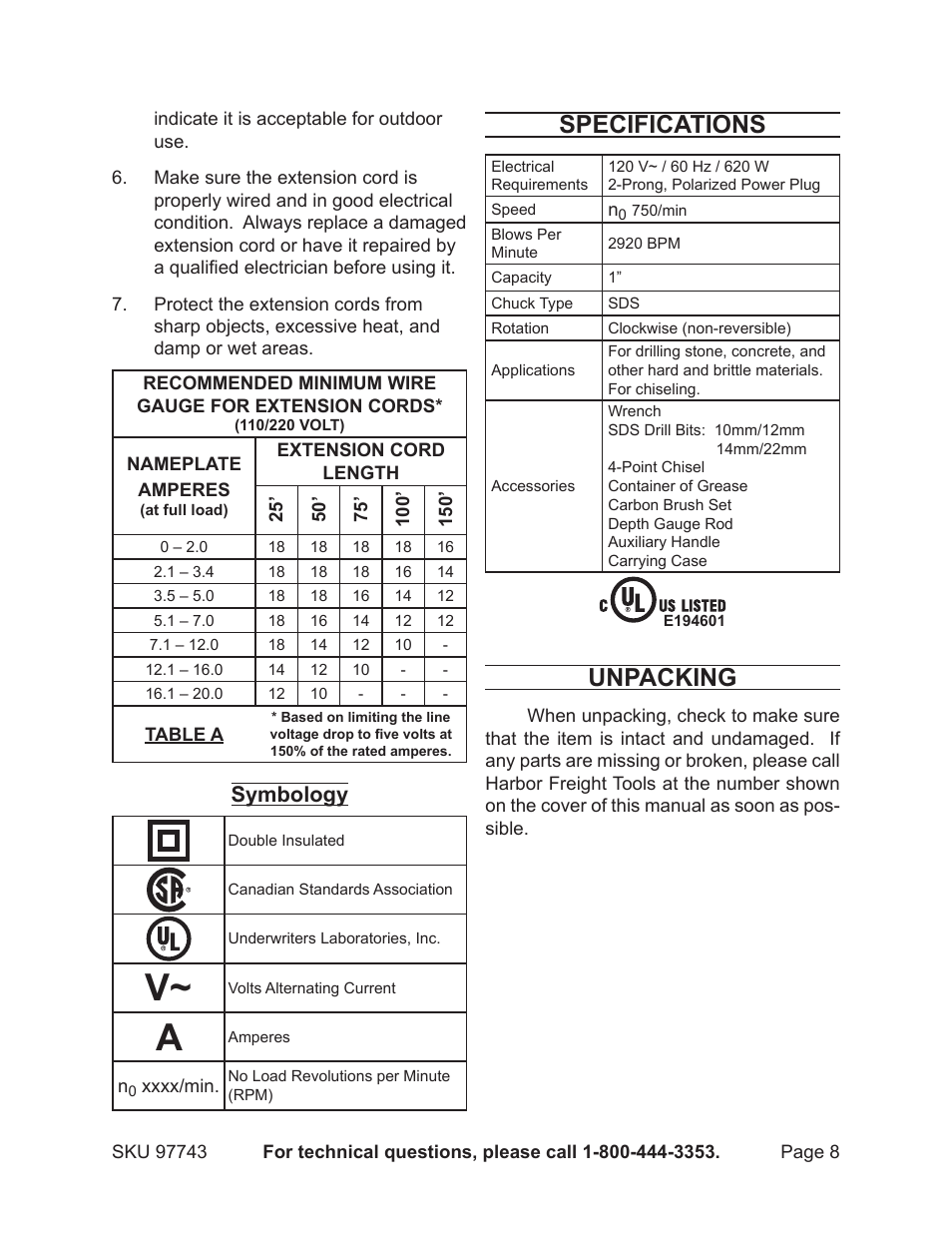 Specifications, Unpacking, Symbology | Chicago Electric Rotary Hammer 97743 User Manual | Page 8 / 18